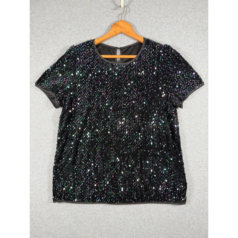 SHEIN Curve Women's 0XL Black Iridescent Sequin Short Sleeve Party Top 0723